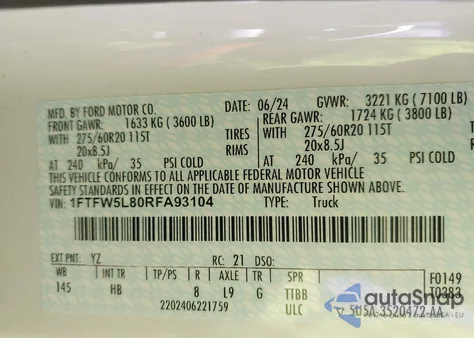 2024 Ford F-150 Lariat z USA, uszkodzony, nr VIN 1FTFW5L80RFA93104